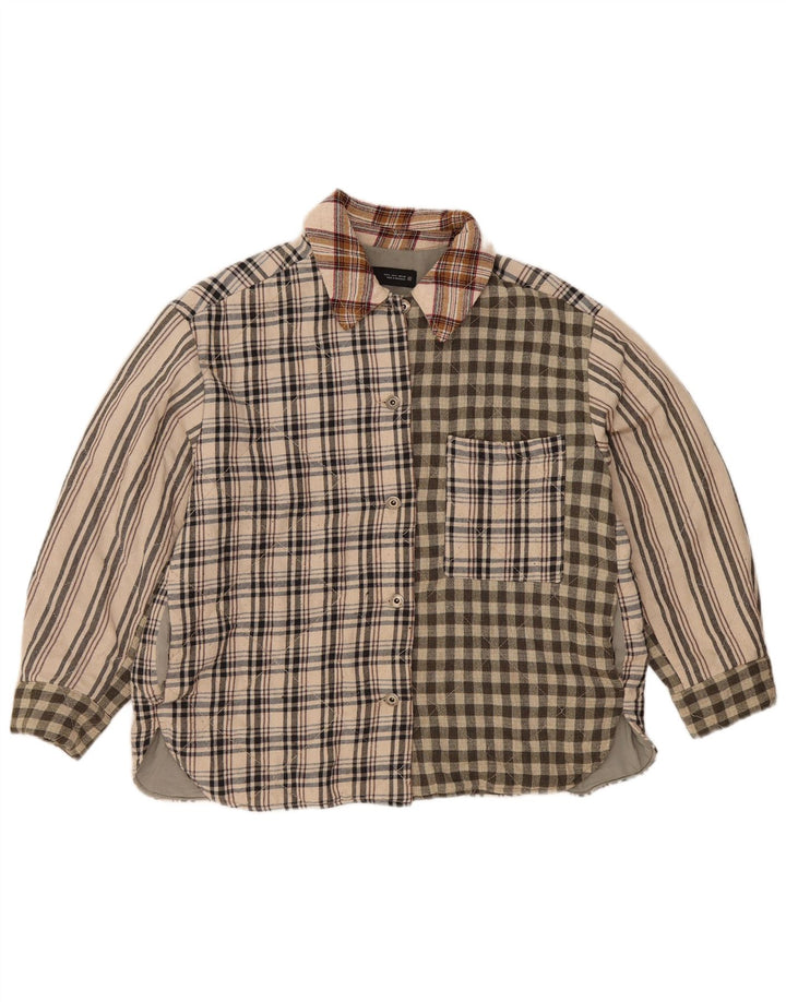 Camisa feminina de flanela lenhador Zara Reino Unido 16 grande poliéster bege patchwork