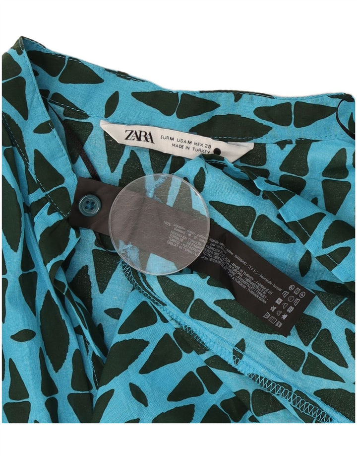 Vestido feminino Zara manga comprida mudança Reino Unido 14 algodão geométrico azul médio