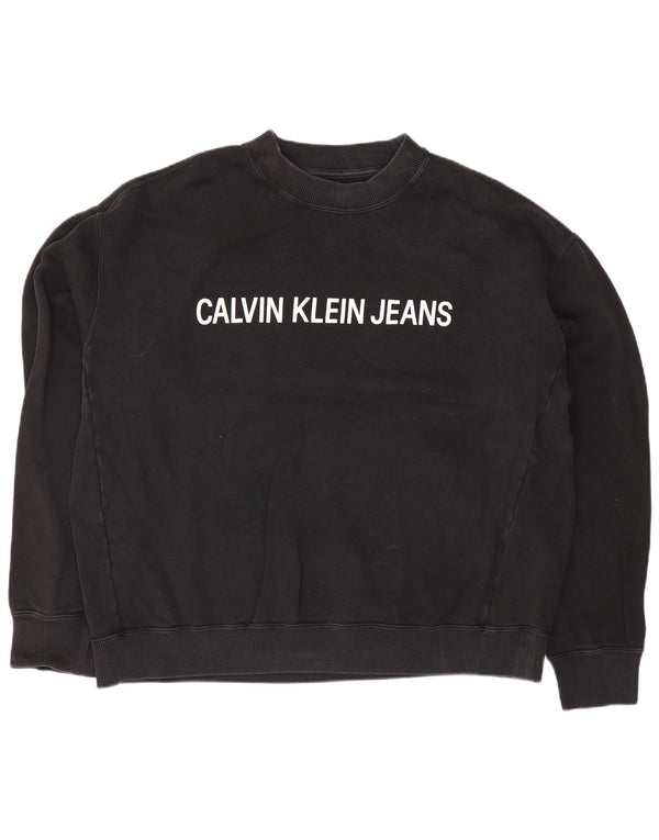 Calvin Klein Jeans feminino moletom gráfico jumper UK 22 3XL algodão preto