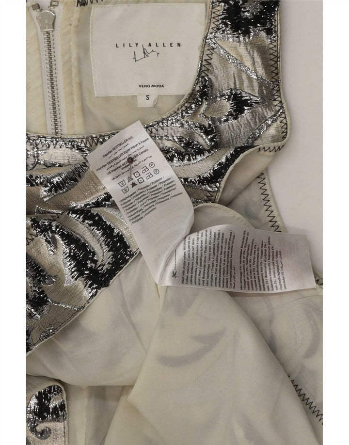 Blusa feminina vintage sem mangas Top UK 10 poliéster paisley cinza pequeno