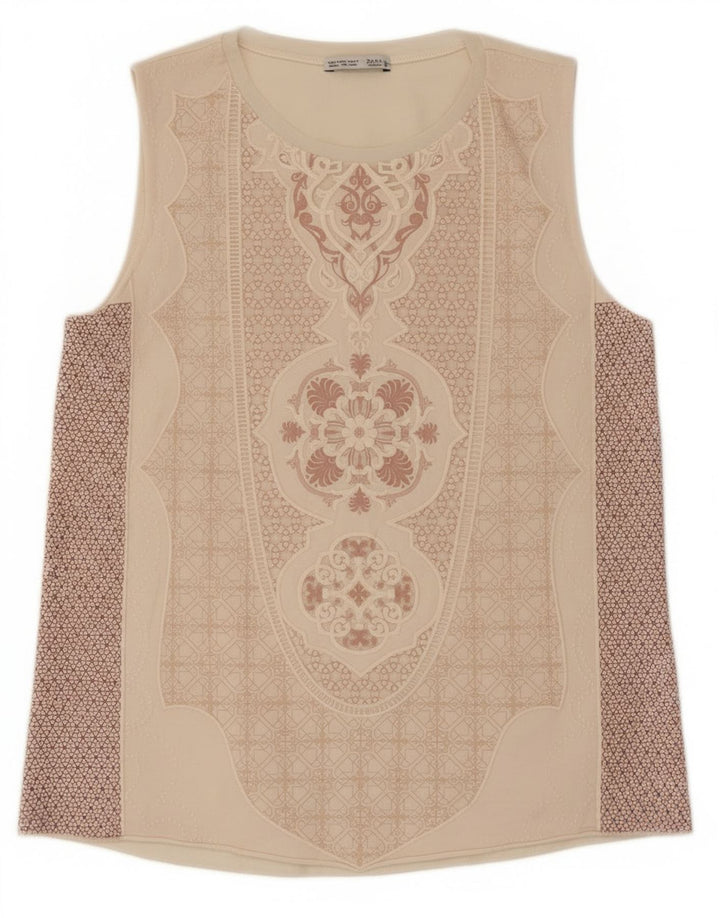 Zara Womens Abstract Pattern Vest Top UK 8 Pequeno Poliéster Bege