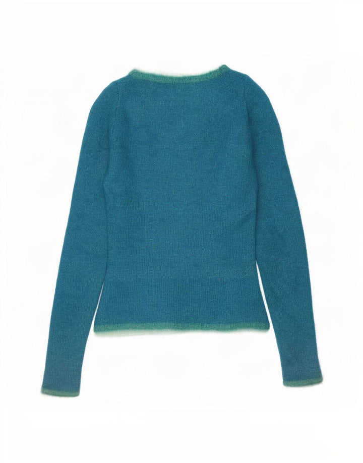 Suéter feminino vintage com gola redonda UK 10 pequeno azul