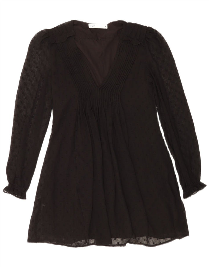 Vestido túnica feminino de manga comprida Zara Reino Unido 10 pequeno poliéster manchado preto