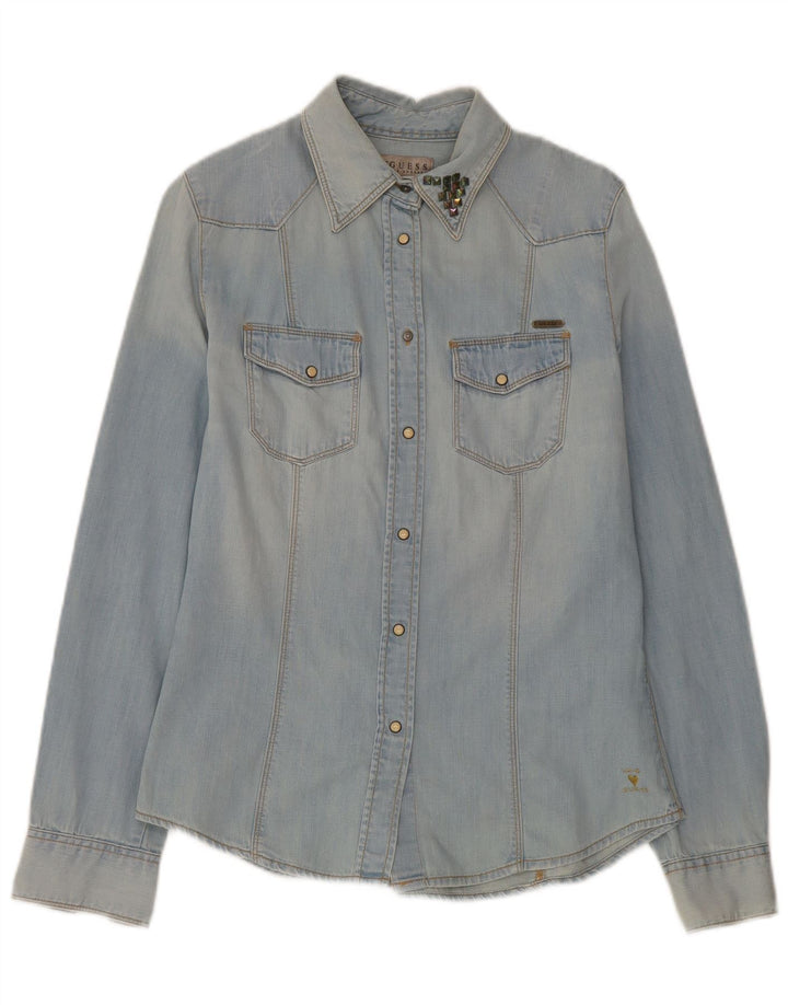 Camisa jeans feminina Guess UK 10 algodão azul pequeno