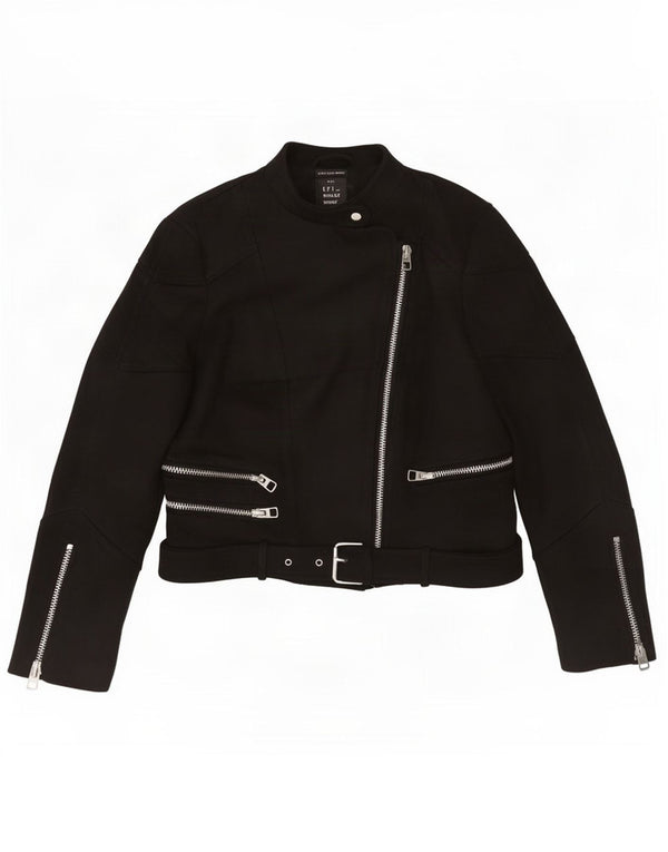 Zara Womens Trafaluc Crop Biker Jacket UK 12 Médio Preto Poliéster