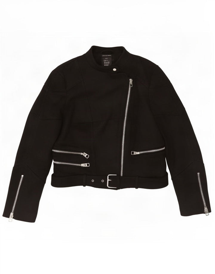 Zara Womens Trafaluc Crop Biker Jacket UK 12 Médio Preto Poliéster