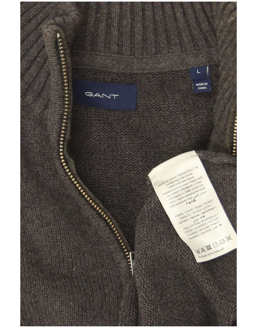 Suéter masculino Gant com zíper e gola grande de algodão cinza