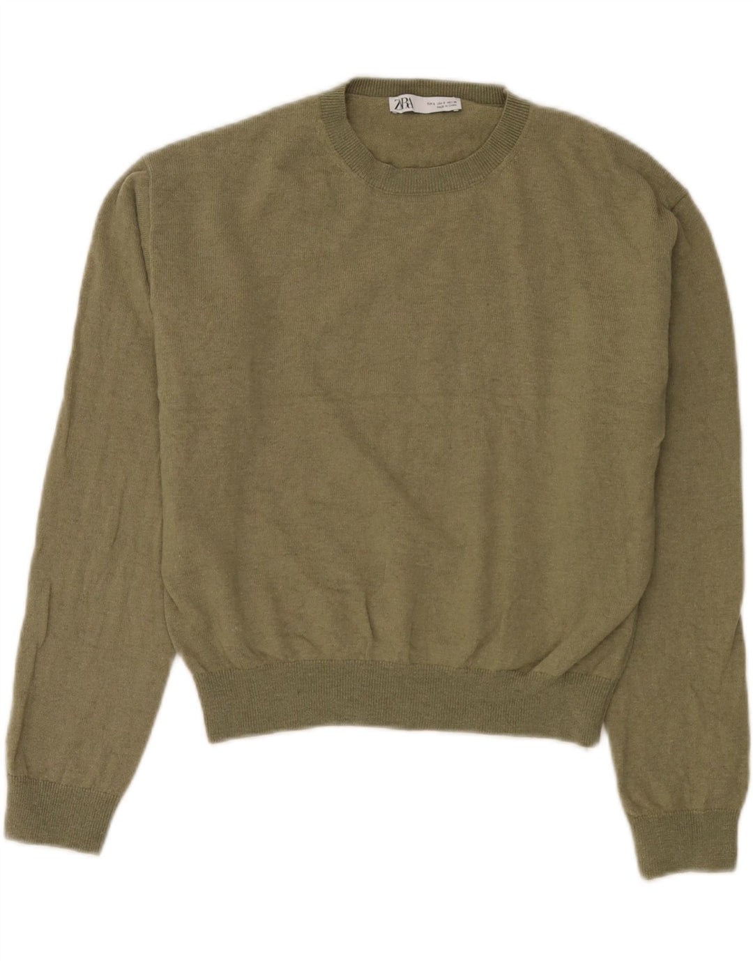 Suéter feminino Zara com gola redonda grande e gola redonda, 10 lã verde pequena