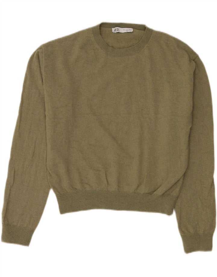 Suéter feminino Zara com gola redonda grande e gola redonda, 10 lã verde pequena