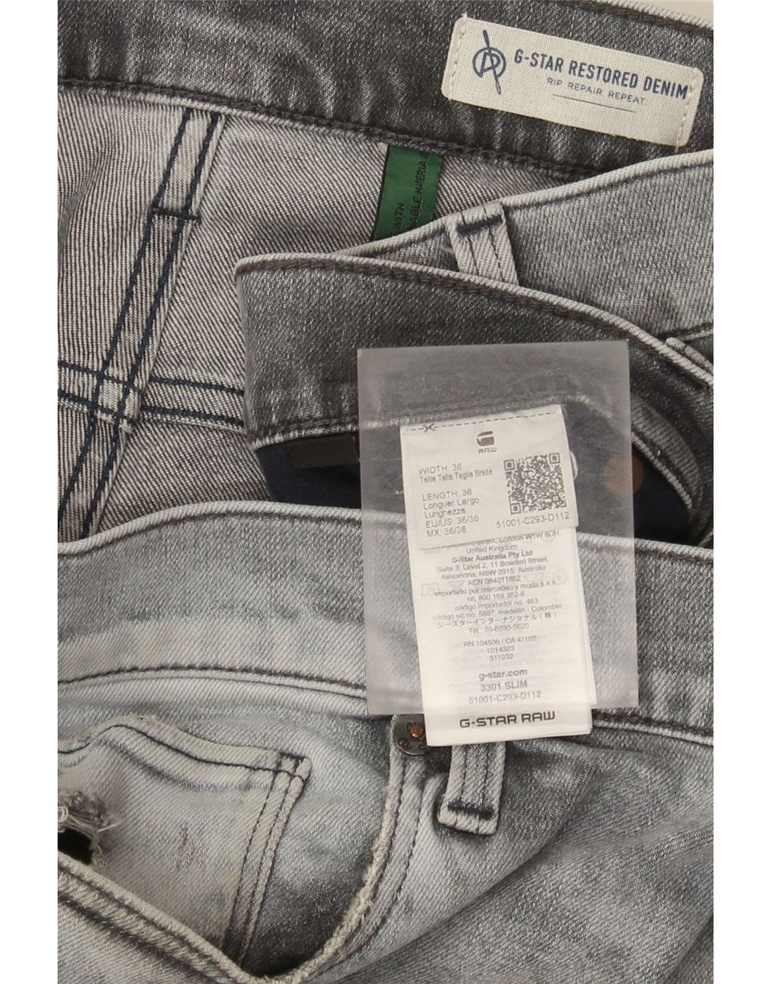 G-Star masculino 3301 jeans slim desgastado W36 L36 algodão cinza