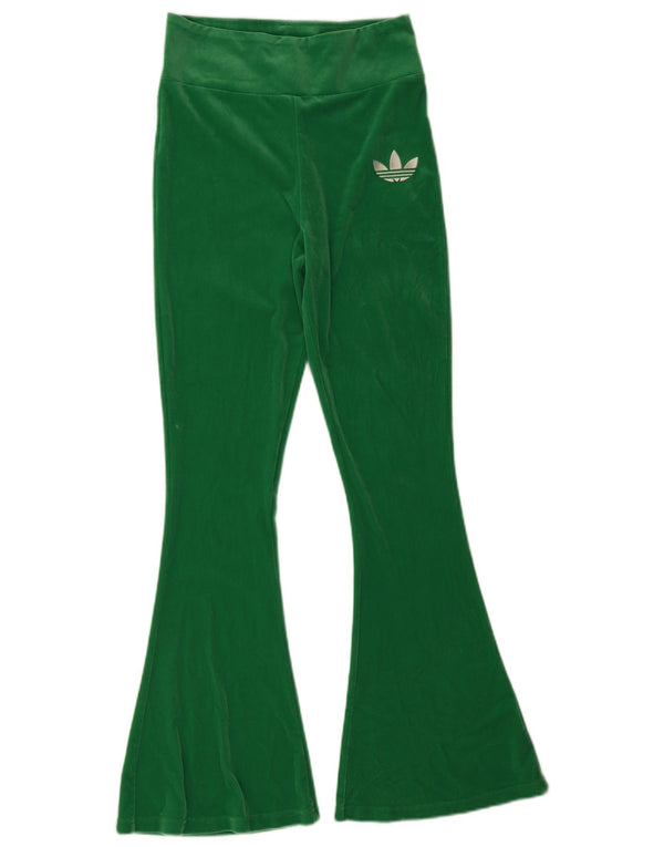 Calça de treino feminina Adidas Flare Velour UK 12 poliéster verde médio