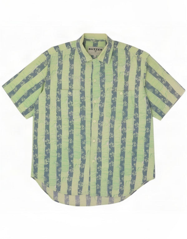 Camisa masculina vintage de manga curta algodão listrado verde médio
