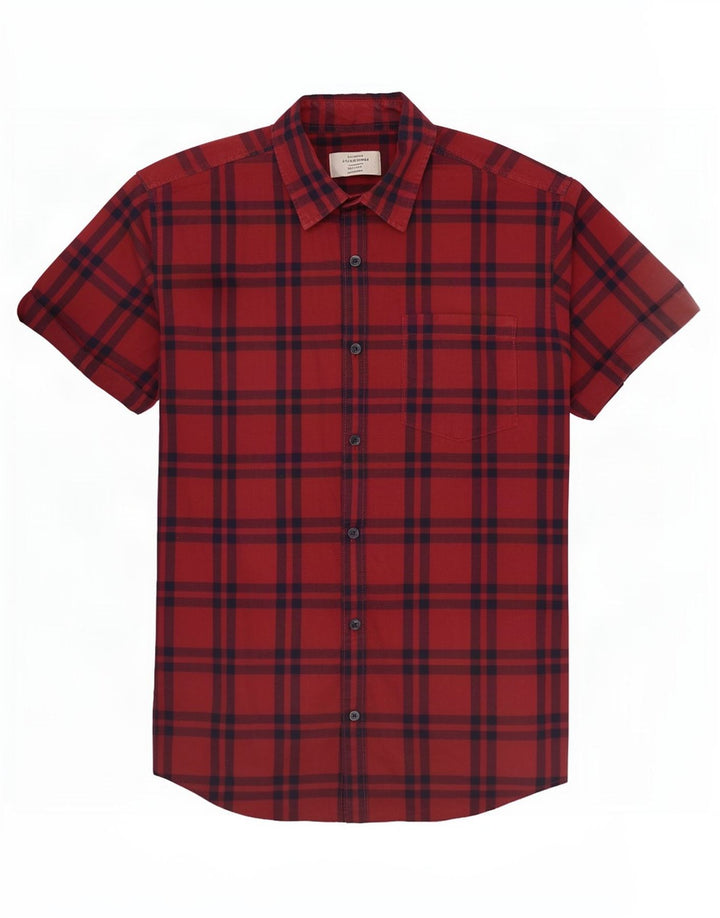 Camisa masculina de manga curta Jack & Jones de algodão xadrez vermelho médio