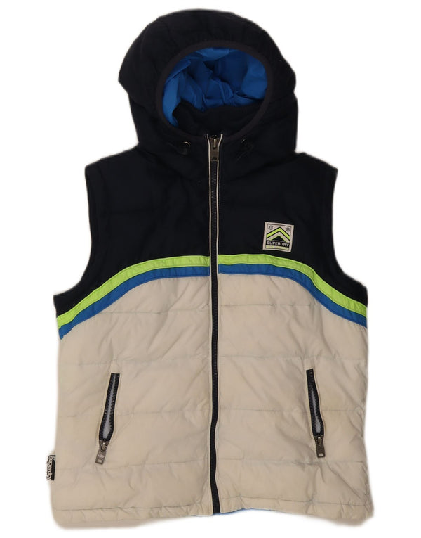 Colete acolchoado com capuz feminino Superdry UK 16 grande bloco colorido azul marinho