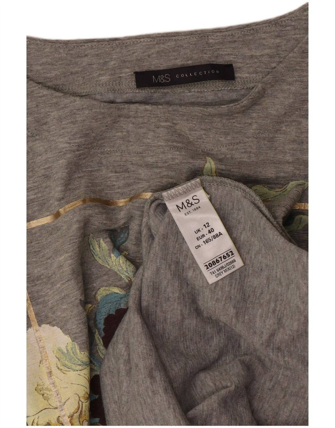 Top gráfico feminino Marks & Spencer manga comprida Reino Unido 12 cinza médio floral