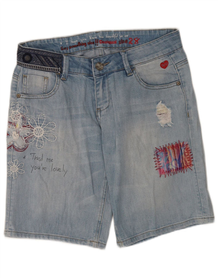 Shorts jeans feminino Desigual com estampa gráfica envelhecida W28 azul médio floral