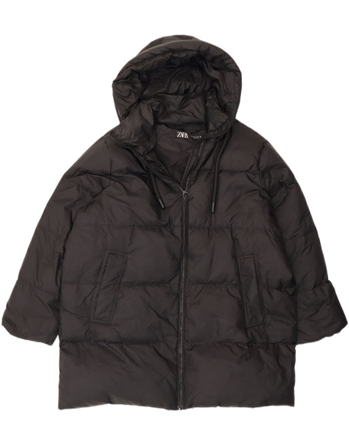 Casaco acolchoado com capuz grande Zara feminino UK 10 pequeno preto poliamida