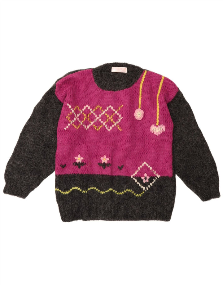 Suéter feminino VINTAGE com gola redonda UK 14 grande bloco colorido cinza