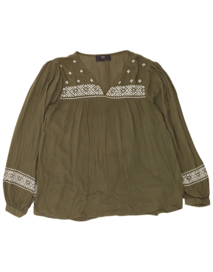 Blusa feminina de manga comprida Marks & Spencer Reino Unido 12 médio cáqui geométrico