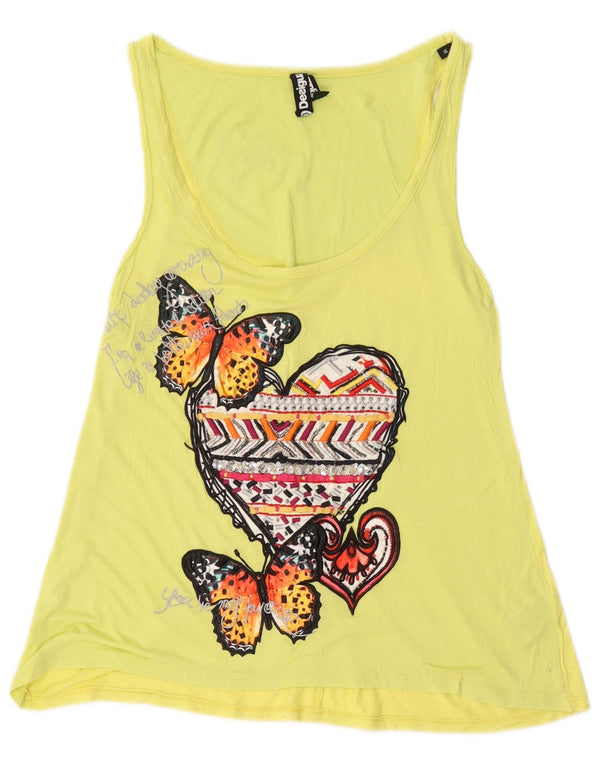 Desigual Womens Graphic Vest Top UK 14 Médio Amarelo Viscose Borboleta