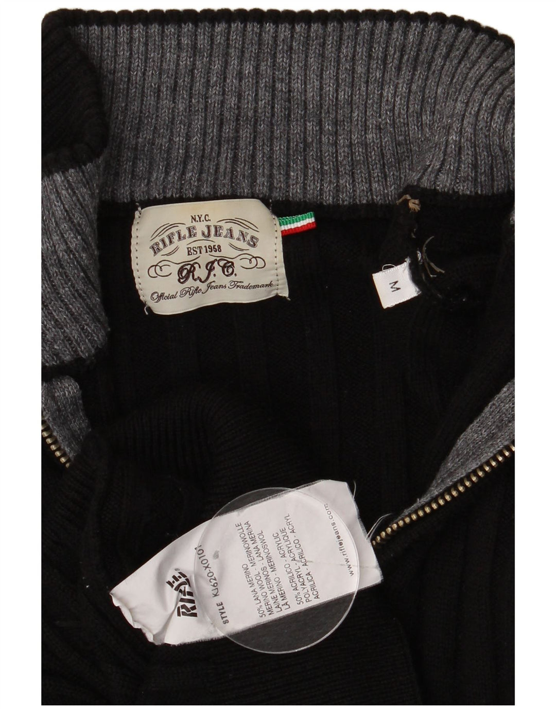 Suéter masculino Rifle com zíper e gola alta, lã Merino preta média