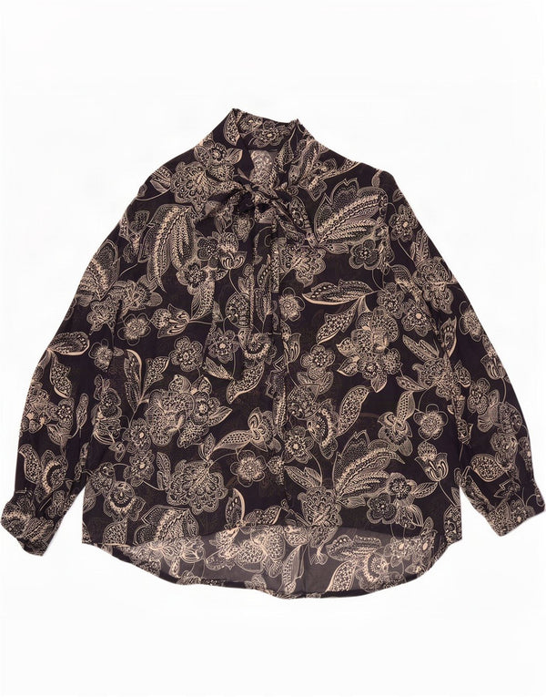 Blusa feminina vintage grande transparente Reino Unido 18 XL preta floral