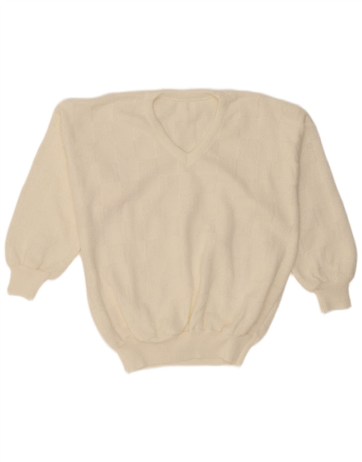 Suéter feminino VINTAGE com decote em V UE 42 grande off white