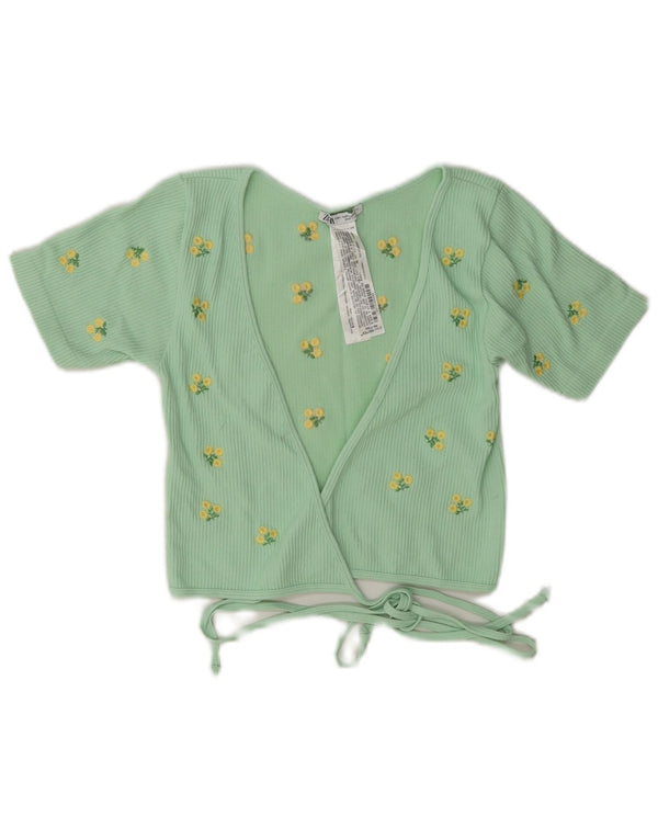 Zara Womens Wrap Cardigan Top UK 12 Poliamida Floral Verde Médio