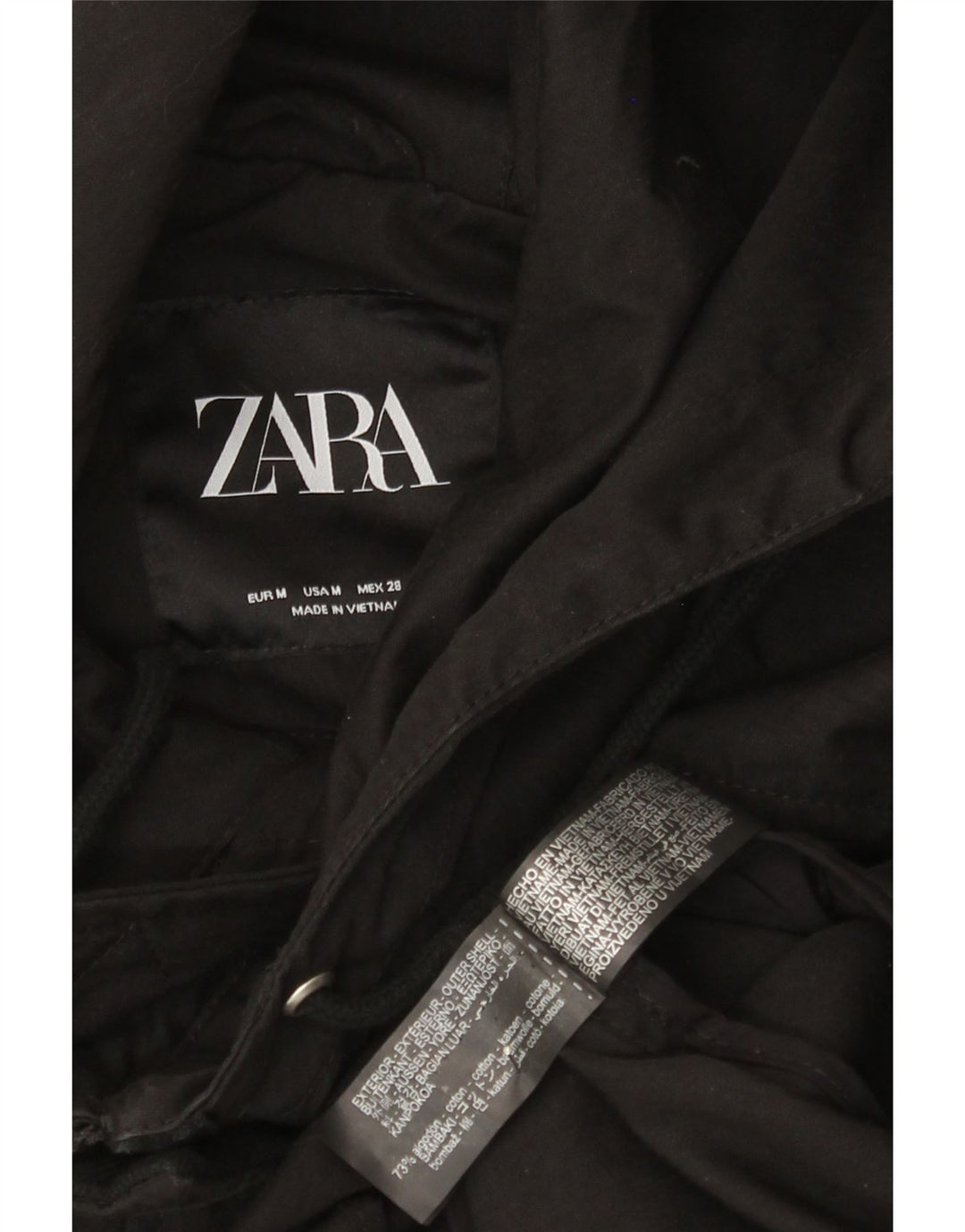 Jaqueta corta-vento feminina Zara com capuz grande tamanho Reino Unido 14 algodão preto médio