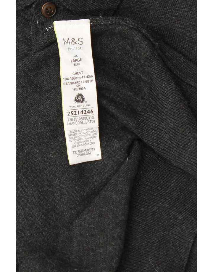 Suéter masculino Marks & Spencer com gola polo sob medida, lã cinza grande