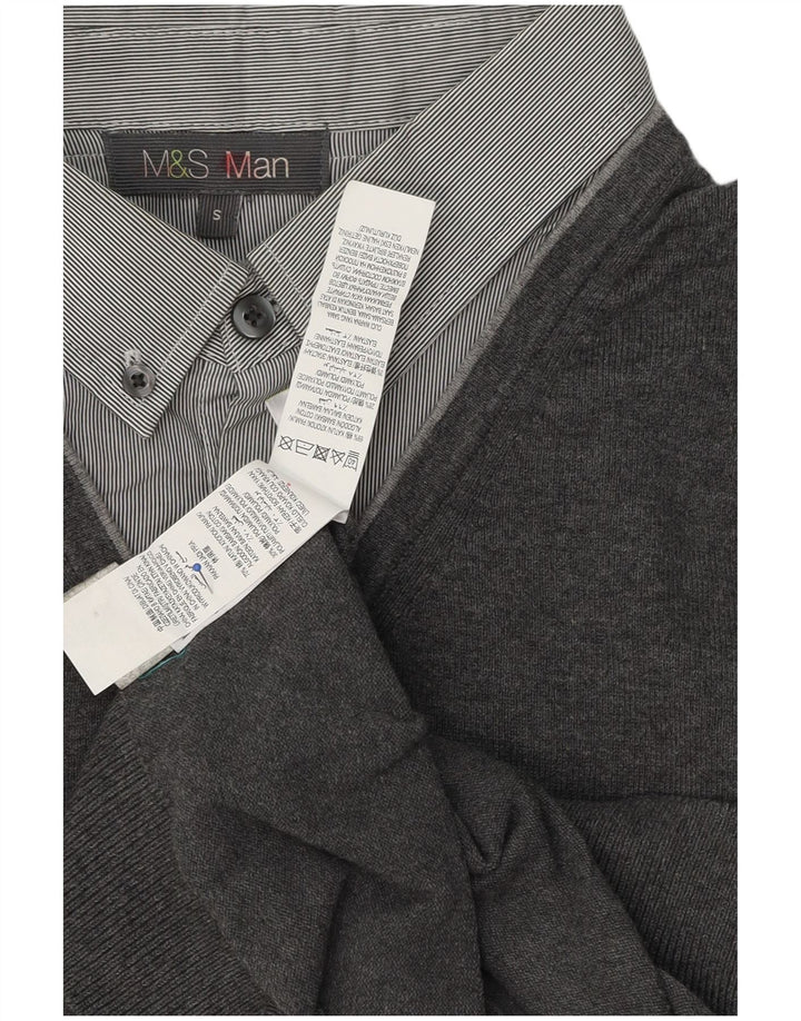 Suéter masculino Marks & Spencer com gola polo e algodão cinza pequeno