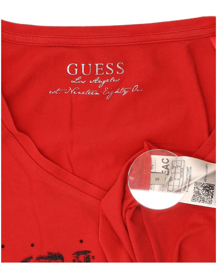 Guess Top gráfico feminino manga comprida Reino Unido 8 pequeno algodão vermelho