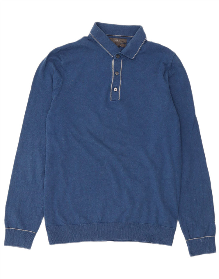 Suéter masculino Marks & Spencer com gola polo e algodão azul pequeno
