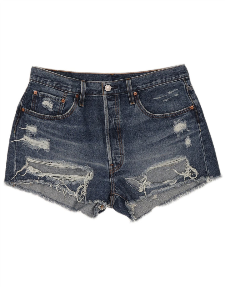 Shorts jeans feminino Levi's 501 desgastado W32 grande algodão azul