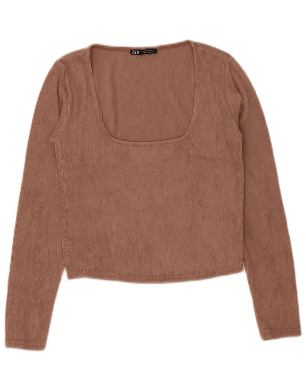 Zara Crop Top Feminino Manga Longa Reino Unido 12 Poliéster Marrom Médio