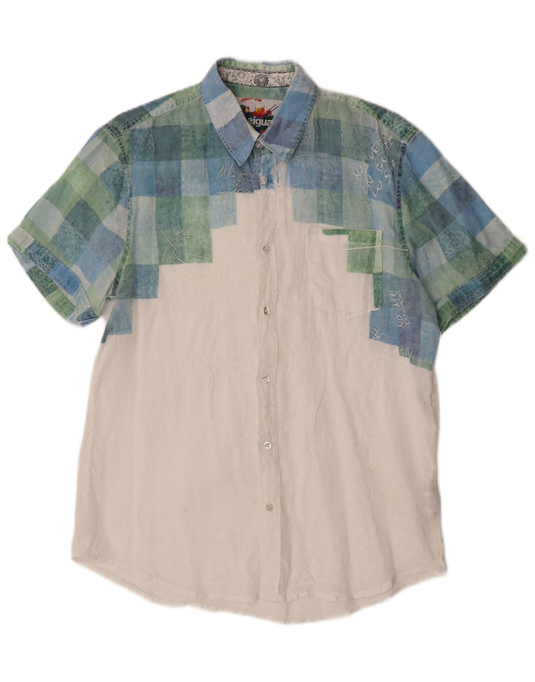 Desigual Camisa masculina gráfica de manga curta grande linho xadrez branco