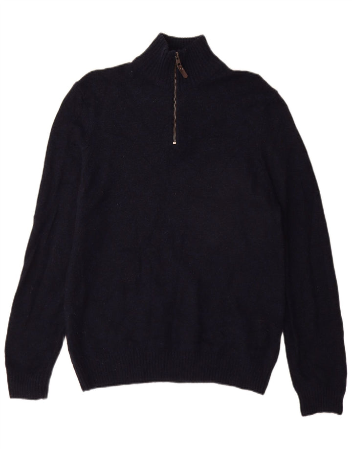 Suéter masculino Marks & Spencer com zíper e gola em lã de carneiro azul marinho médio
