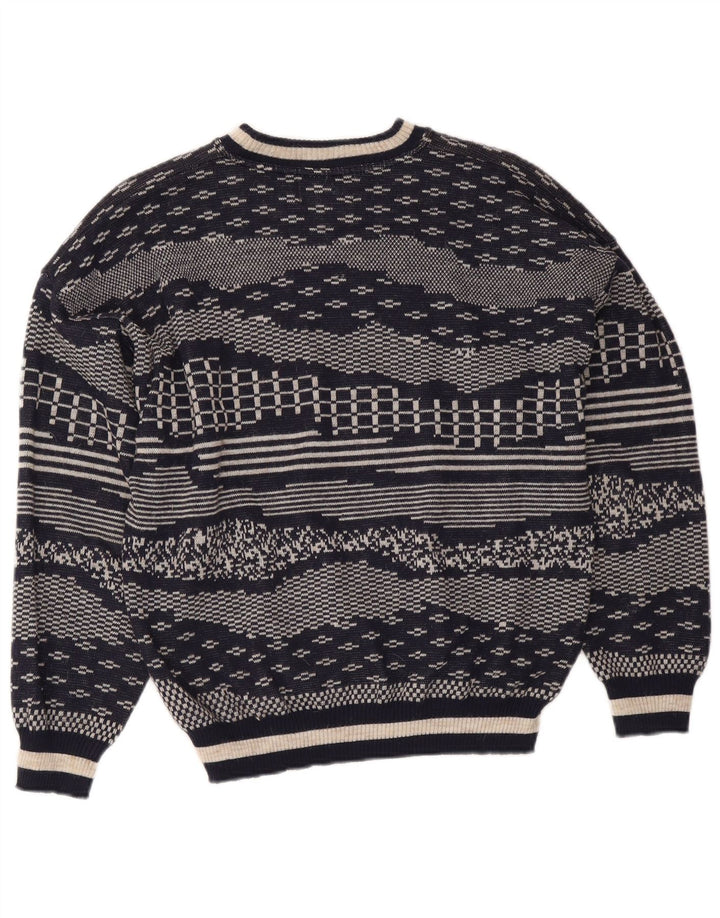 Suéter vintage masculino com gola redonda, lã geométrica média azul marinho