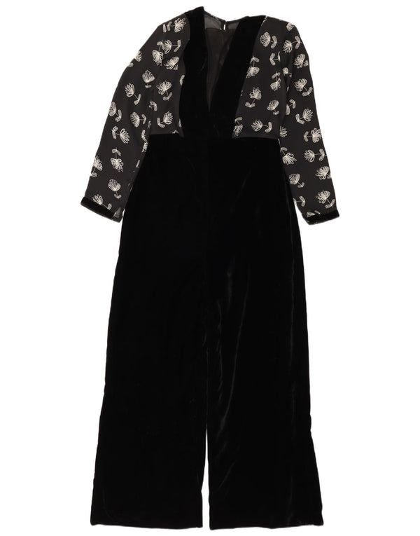 Macacão de veludo feminino vintage UK 12 poliéster floral preto médio