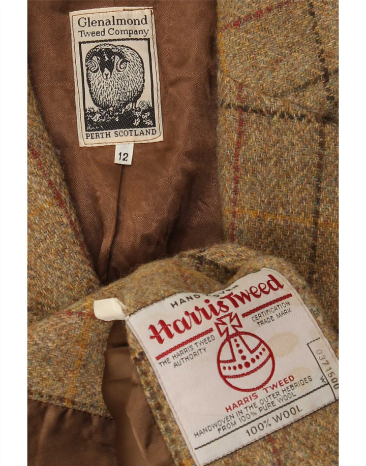 Jaqueta blazer feminina de 3 botões Harris Tweed Reino Unido 12 lã xadrez marrom médio
