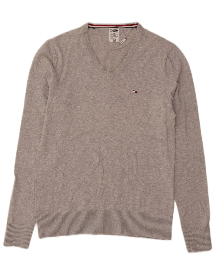 Suéter masculino Tommy Hilfiger com decote em V, algodão manchado cinza médio