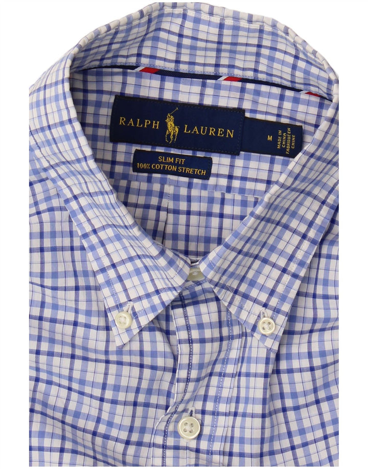 Camisa masculina Slim Fit Ralph Lauren de algodão xadrez azul médio