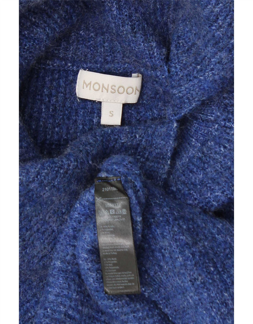 Suéter feminino Monsoon com gola redonda e gola redonda UK 10 acrílico azul pequeno