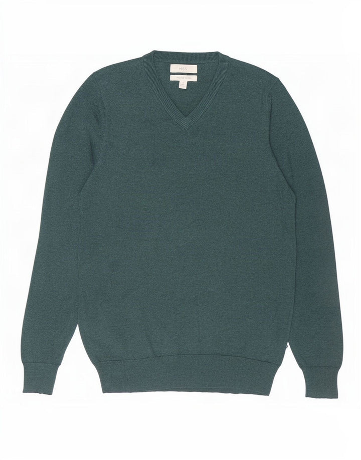 Suéter masculino Marks & Spencer com decote em V, pequeno, algodão verde