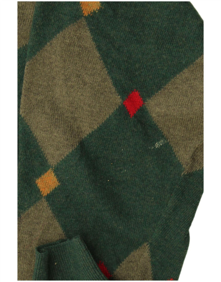 Andrea Fenzi Suéter masculino com decote em V IT 50 Médio Verde Argyle/Diamante