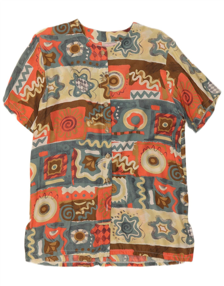 Blusa feminina vintage UK 14 média multicolorida geométrica