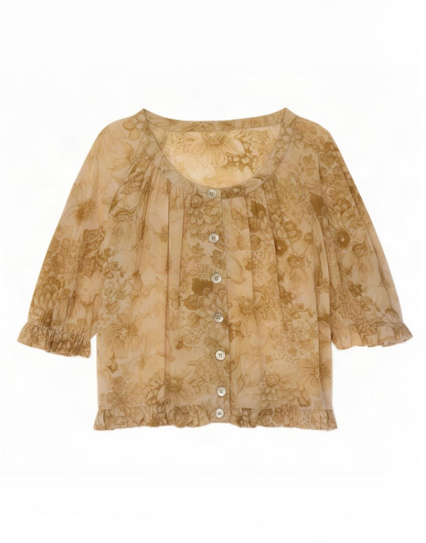 Blusa feminina vintage manga curta UK 14 grande bege floral
