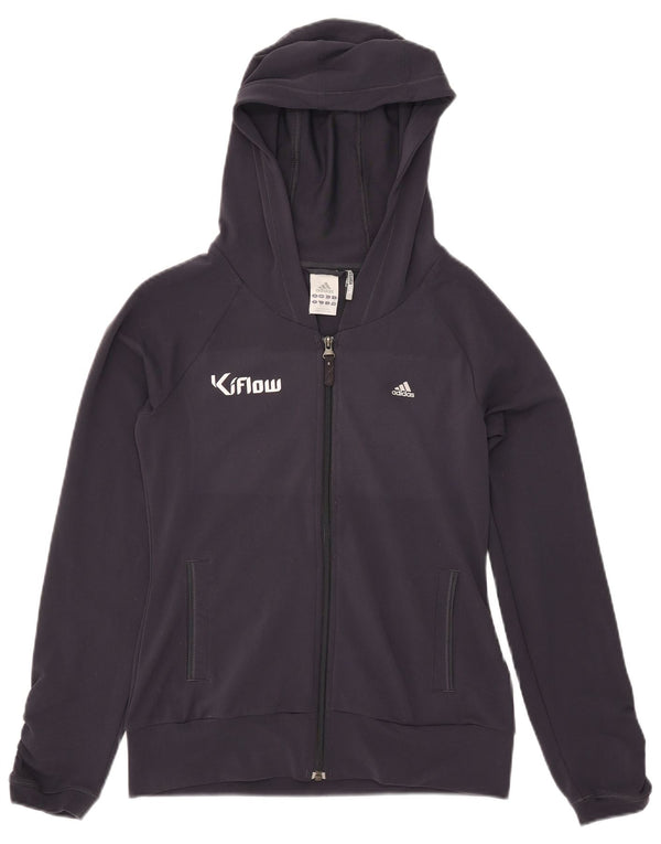 Suéter feminino Adidas com capuz e zíper gráfico UK 12 poliéster azul marinho médio