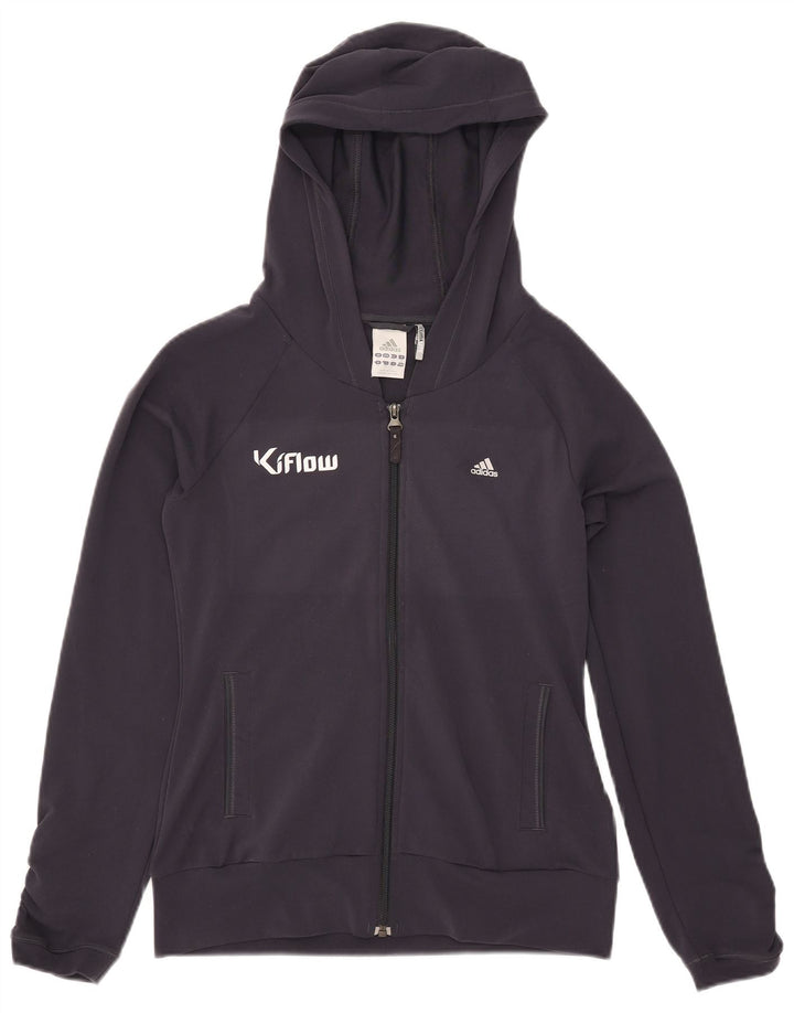 Suéter feminino Adidas com capuz e zíper gráfico UK 12 poliéster azul marinho médio
