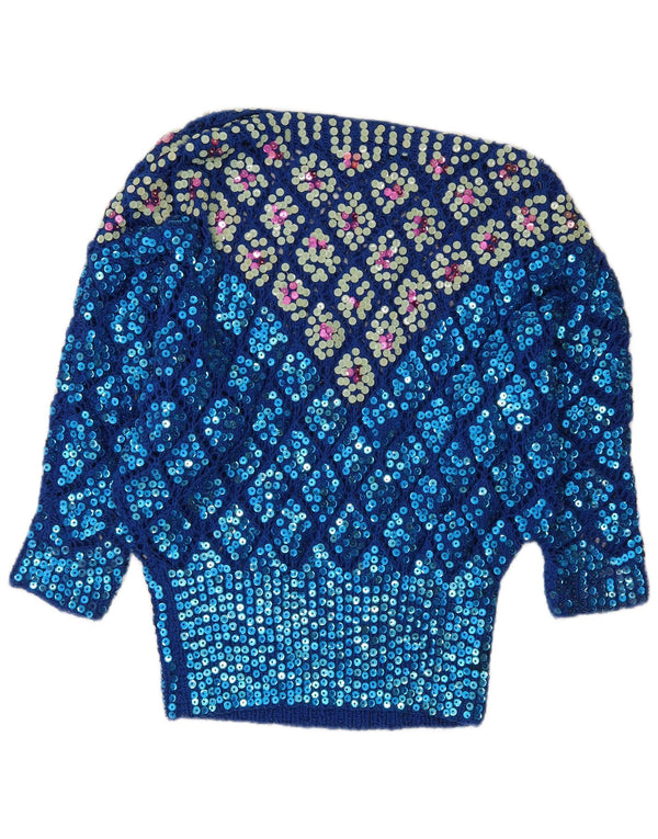 Suéter feminino vintage com gola canoa UK 12 azul médio argyle/diamante